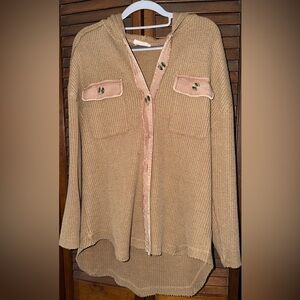 New In Waffle Knit Hooded Cardigan Tan Blush Contrast Size Small Cozy High Low